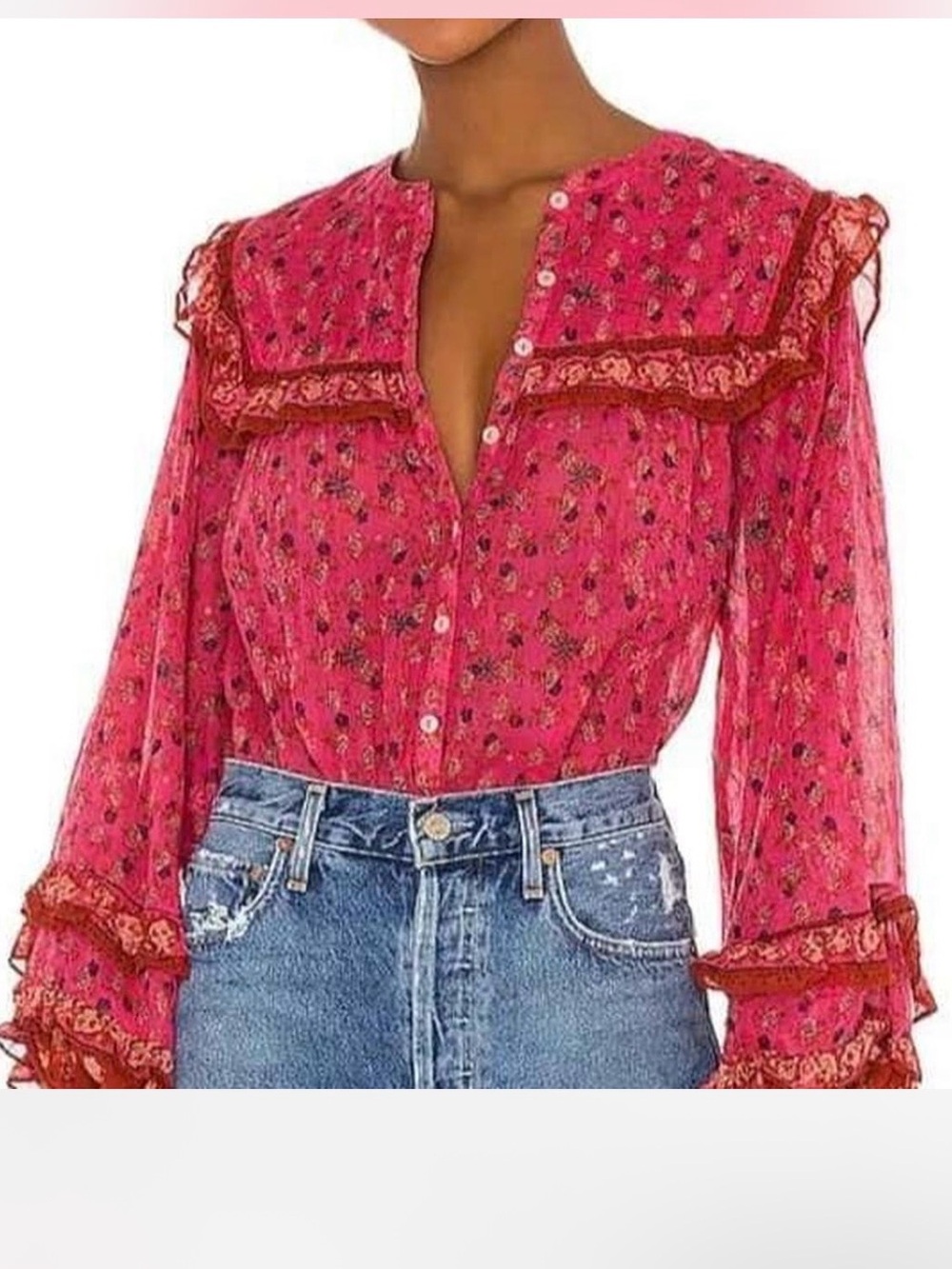 Free People Rose Pink Floral Ruffle Button-Up Blouse